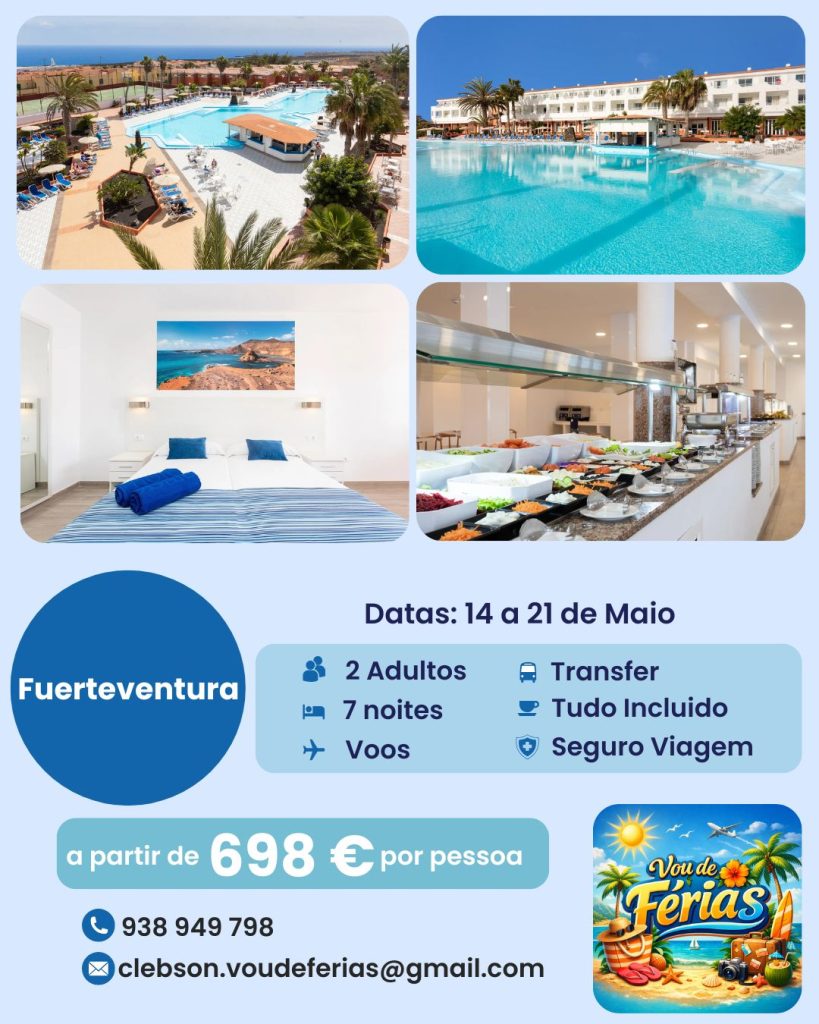Fuerteventura – Férias All Inclusive nas Ilhas Canárias Praias infinitas, água azul-turquesa e aquele clima perfeito o ano inteiro. Fuerteventura é o tipo de destino que nunca falha. Este pacote oferece 7 noites num hotel confortável com tudo incluído, perfeito para relaxar sem horários nem preocupações. Ideal para casais ou amigos que querem sol, boa comida e dias leves entre piscina e praia. Com voos, transfer e seguro incluídos, só precisas fazer uma coisa: aproveitar. 📅 Datas: 14 a 21 de Maio 👥 2 adultos 🏨 Hotel com Tudo Incluído ✈️ Voos + Transfer + Seguro 💰 Desde 698€ por pessoa Uma semana onde o despertador é o sol… e o plano é não ter plano.