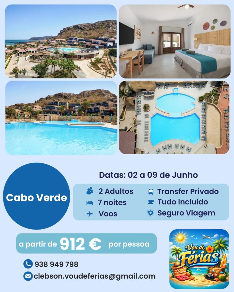 Cabo Verde – Escapada Adults Only com Tudo Incluído Sol dourado, mar cristalino. Aqui o mood é descanso premium, com um toque de romance e silêncio de luxo. Este pacote para Cabo Verde foi pensado para quem quer desligar do mundo e ligar no modo relax total. São 7 noites num hotel Adults Only, ideal para casais ou quem procura tranquilidade absoluta, com serviço de tudo incluído para não se preocupar com nada além de escolher entre piscina ou praia. Inclui voos, transfer privado e seguro de viagem, garantindo uma experiência completa desde o embarque até o regresso. 📅 Datas: 02 a 09 de Junho 👥 2 adultos 🏨 Hotel Adults Only 🍹 Regime Tudo Incluído ✈️ Voos + Transfer Privado + Seguro Viagem 💰 Desde 912€ por pessoa Um refúgio onde o tempo abranda… e cada pôr do sol parece feito só para ti.